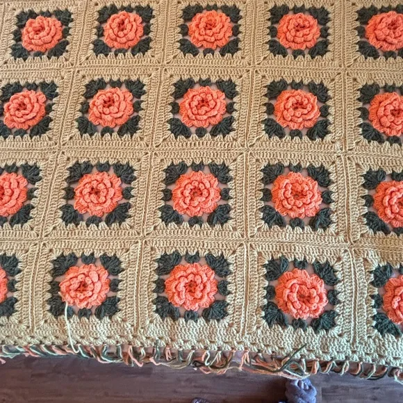 Handmade Crocheted Floral Granny Square Throw - Coral & Tan - Picture 5 of 13